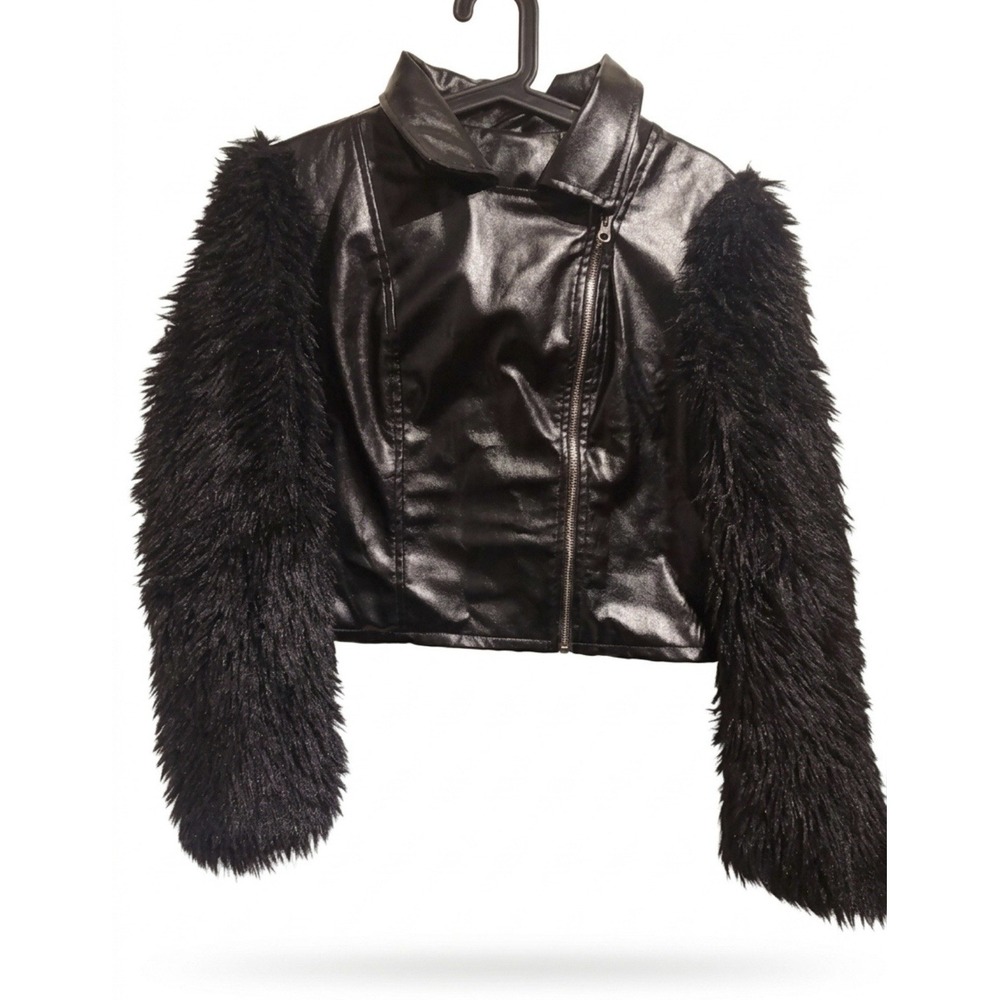 Hot & Delicious Black Faux Leather Biker Moto Jacket Collared Full Zip M